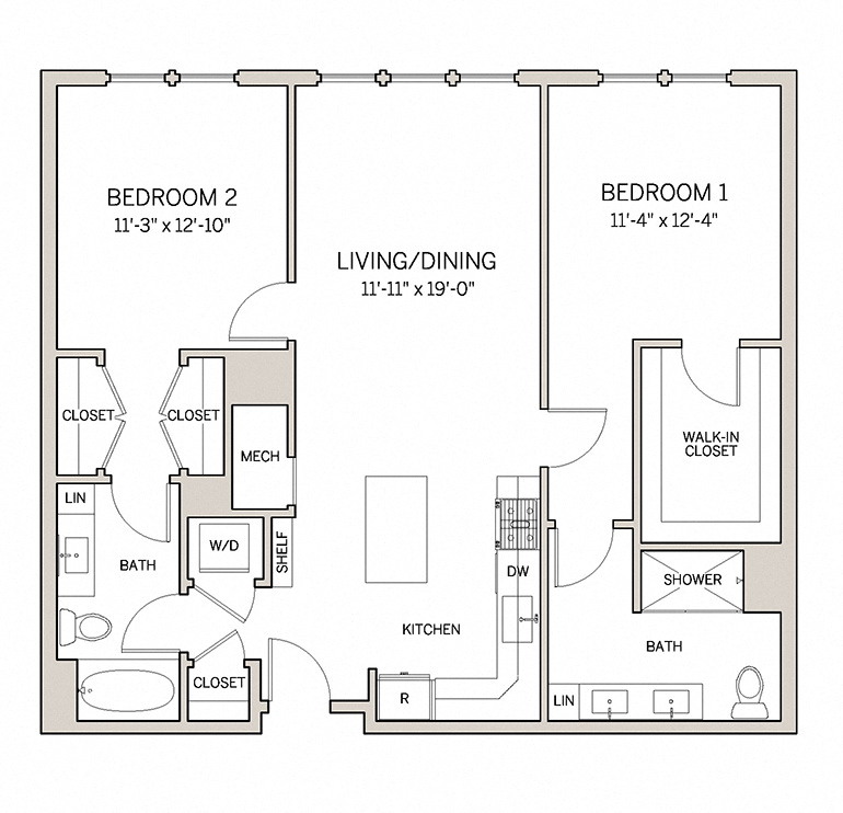 Floor plan for 2 beds, 2 baths, 1155 sqft